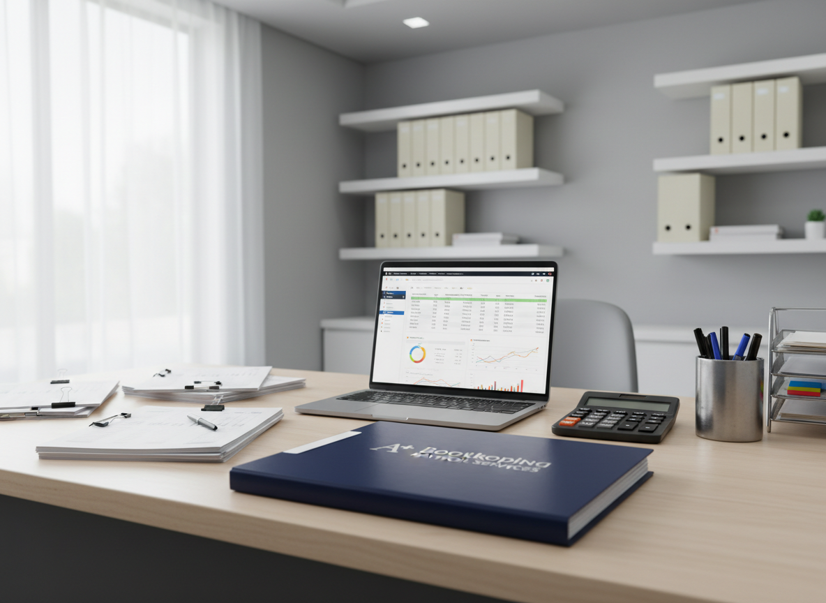 A meticulously arranged L-shaped office desk covered with neatly stacked financial reports, a slim silver laptop displaying a clean bookkeeping dashboard, and a glossy navy-blue folder embossed with “A+ Bookkeeping & Payroll Services” in subtle silver lettering. A sturdy calculator, a tidy pen holder, and color-coded file tabs add organized detail. The desk sits in a modern, uncluttered office with light gray walls and white shelving filled with uniformly labeled binders. Soft natural daylight from a nearby window combines with cool overhead office lighting, creating a clear, professional atmosphere. Photographic realism, eye-level composition with slight depth of field keeps the branding folder in sharp focus while gently blurring the background, conveying reliability, precision, and calm financial control.