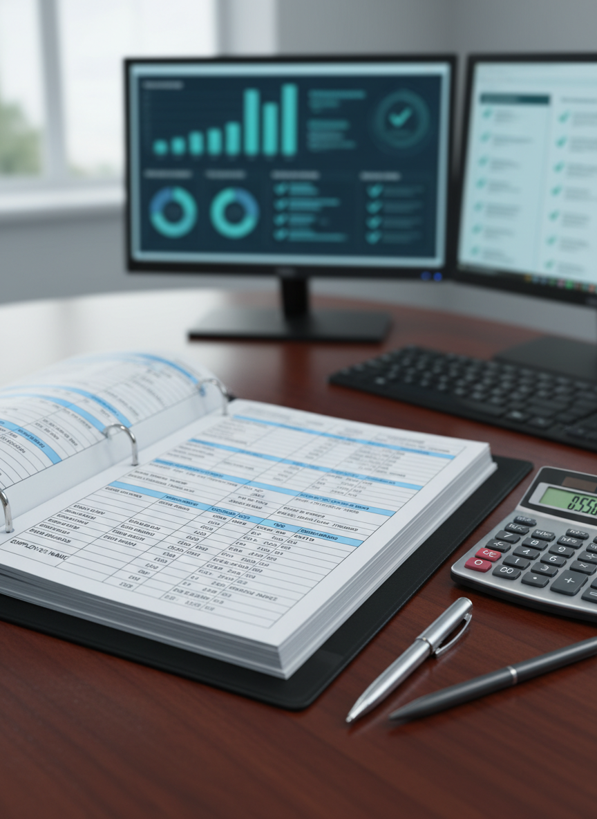 A close-up of a polished wooden desk displaying an open binder of payroll records, with crisp white pages showing neatly arranged tables of hours, rates, and deductions. A silver calculator rests beside it, its digital display illuminated, along with a pair of high-quality metal pens aligned perfectly parallel to the binder’s edge. In the background, a dual-monitor setup shows graphs and compliance checklists, softly blurred. Cool, even office lighting and faint daylight from an unseen window create minimal shadows for a clean, modern look. Photographic realism, shot from a slightly elevated angle, emphasizes order, transparency, and accurate payroll processing in a calm, professional environment.